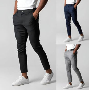 Men’s Elegant Slim Fit Business Pants – Solid Color Trousers with Elastic Waist & Pockets