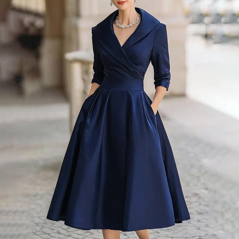 Women’s Elegant V-Neck Midi Dress – Solid Flared Skirt with Pockets