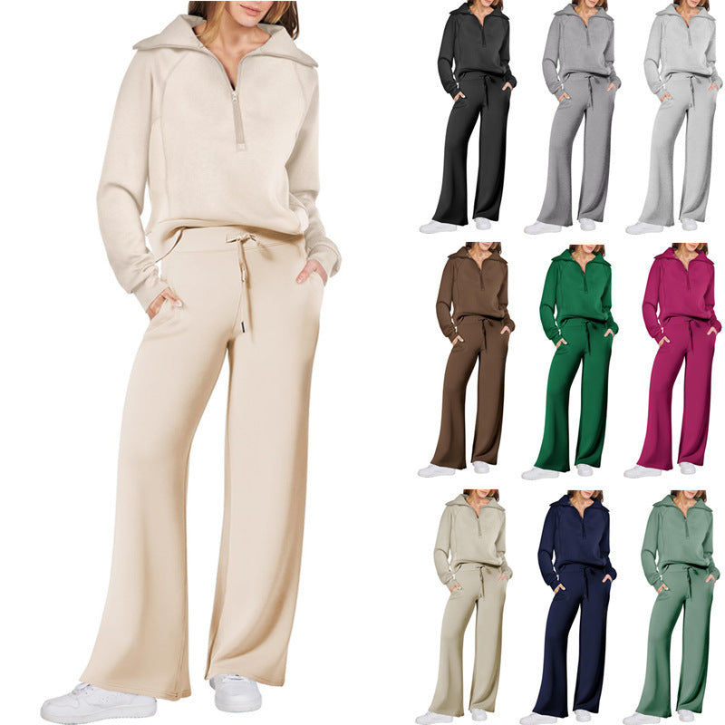 Women’s Two-Piece Sports Suit – Long Sleeve Zipper Sweatshirt & Wide Leg Pants Set