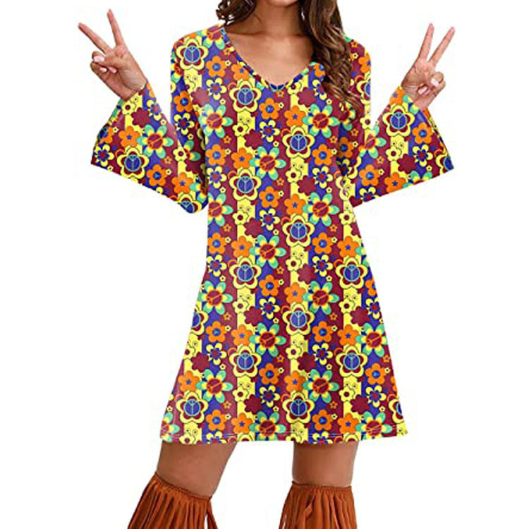Women’s Hippie Print Dress – Boho Floral Vintage Style Summer Outfit