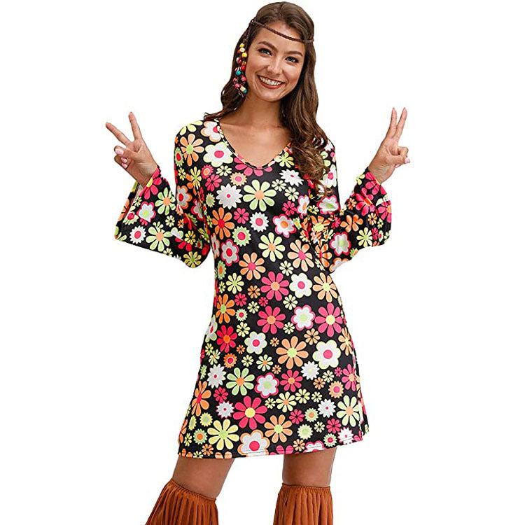 Women’s Hippie Print Dress – Boho Floral Vintage Style Summer Outfit