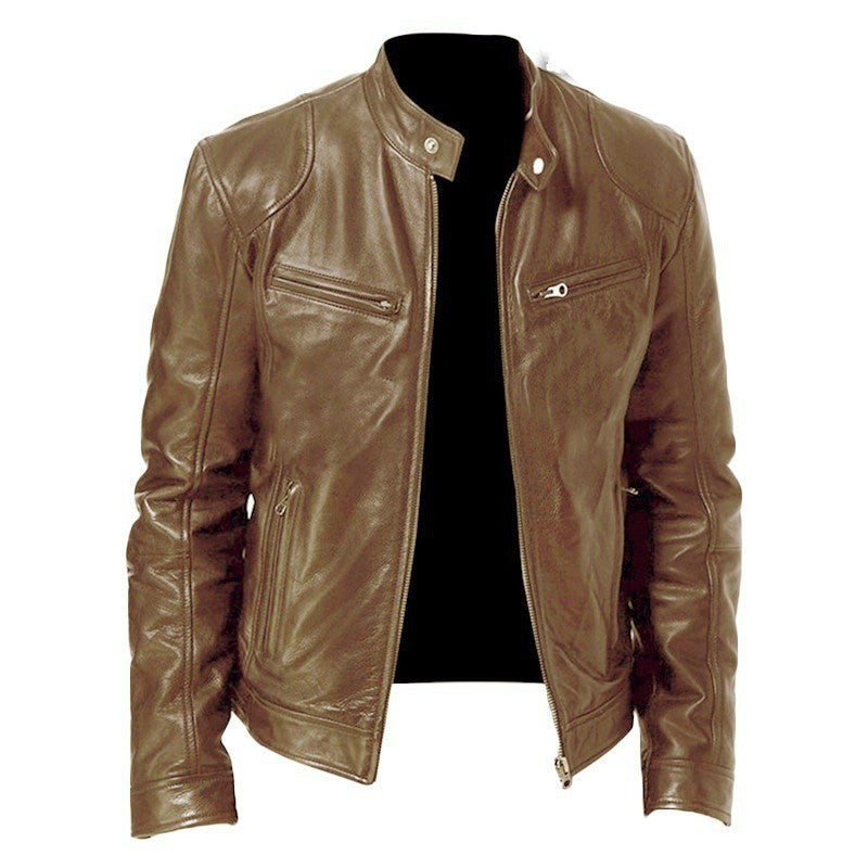 Men’s PU Leather Jacket – Zip-Up Stand Collar Cardigan with Pockets, Short Fashion Top