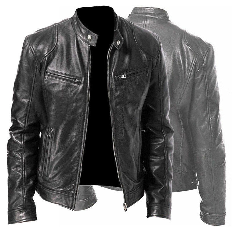 Men’s PU Leather Jacket – Zip-Up Stand Collar Cardigan with Pockets, Short Fashion Top