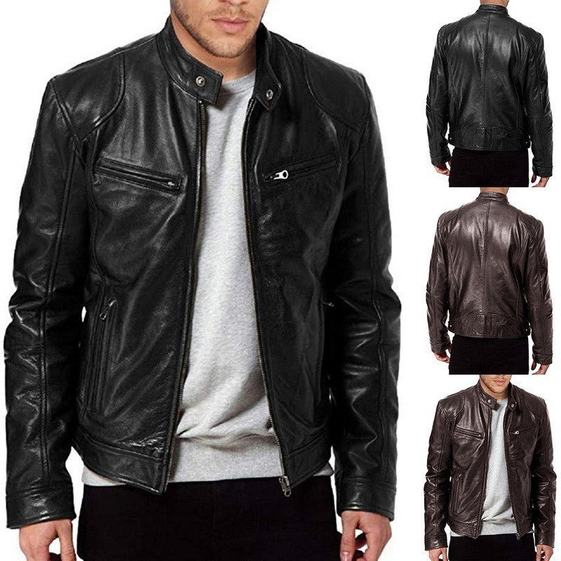 Men’s PU Leather Jacket – Zip-Up Stand Collar Cardigan with Pockets, Short Fashion Top