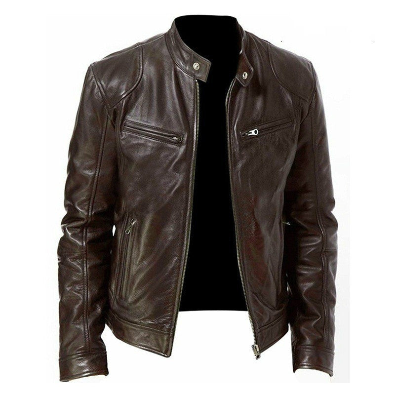 Men’s PU Leather Jacket – Zip-Up Stand Collar Cardigan with Pockets, Short Fashion Top