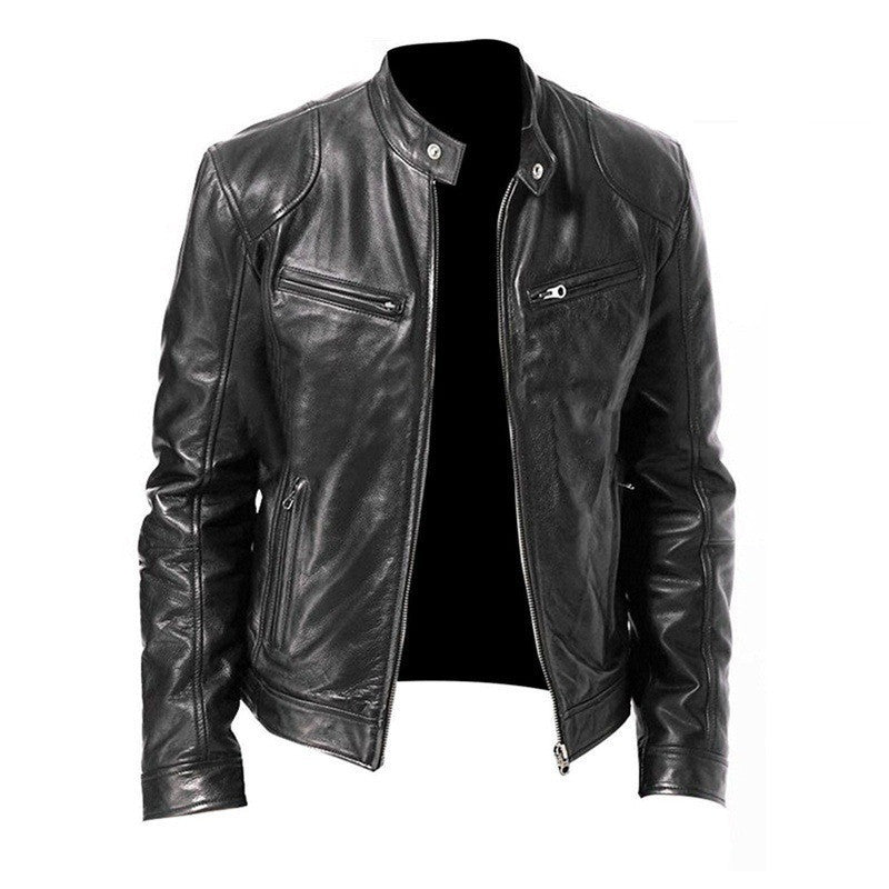 Men’s PU Leather Jacket – Zip-Up Stand Collar Cardigan with Pockets, Short Fashion Top