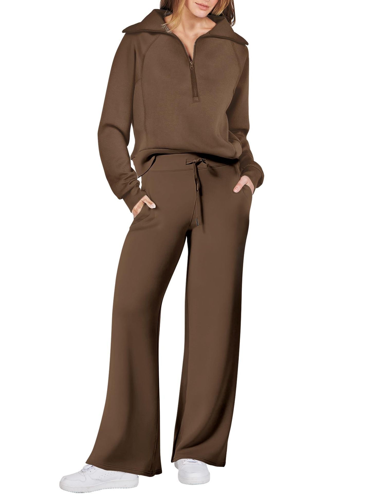 Women’s Two-Piece Sports Suit – Long Sleeve Zipper Sweatshirt & Wide Leg Pants Set