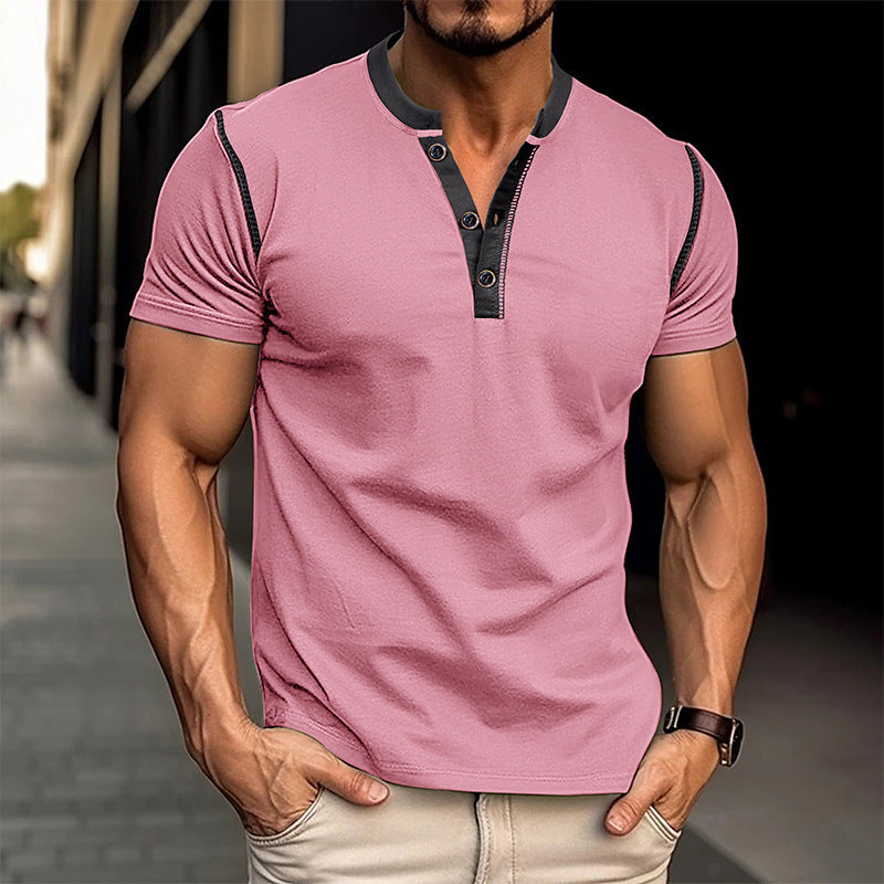 Men’s Summer T-Shirt – Short Sleeve Polo Shirt with V-Neck and Button Detail