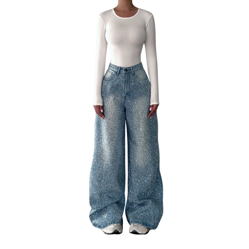 Women’s Irregular Rhinestone Jeans – Trendy Distressed Sparkle Denim Pants