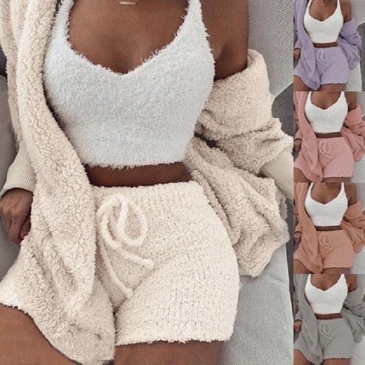 Women’s 3-Piece Pajama Set – Long Sleeve Crop Top, Tank & Drawstring Shorts