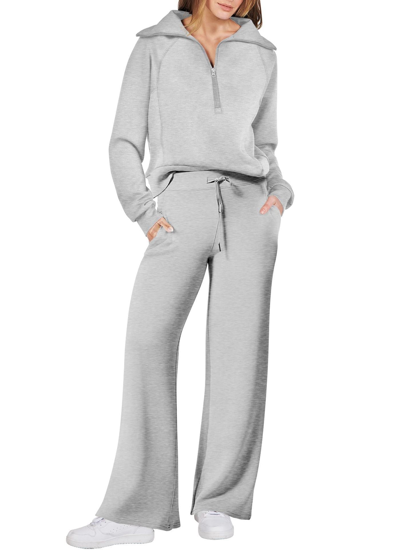 Women’s Two-Piece Sports Suit – Long Sleeve Zipper Sweatshirt & Wide Leg Pants Set