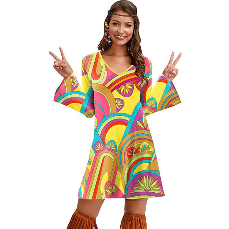 Women’s Hippie Print Dress – Boho Floral Vintage Style Summer Outfit