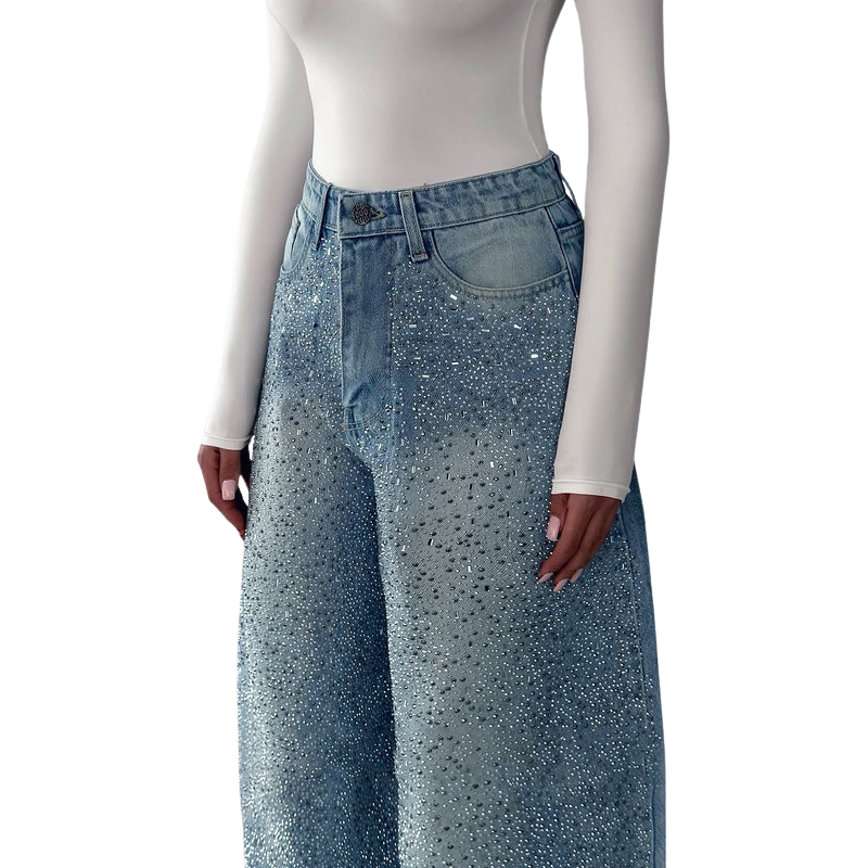 Women’s Irregular Rhinestone Jeans – Trendy Distressed Sparkle Denim Pants