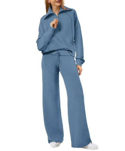 Women’s Two-Piece Sports Suit – Long Sleeve Zipper Sweatshirt & Wide Leg Pants Set