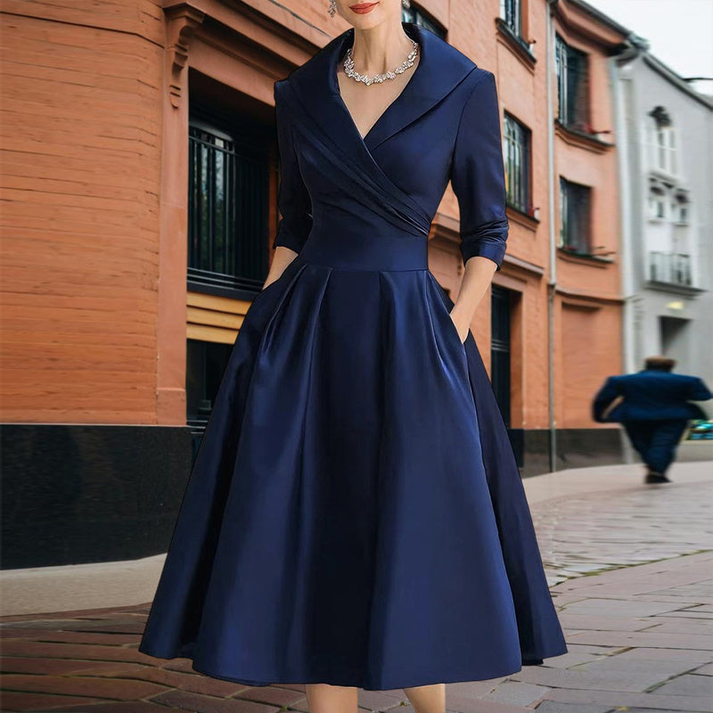 Women’s Elegant V-Neck Midi Dress – Solid Flared Skirt with Pockets