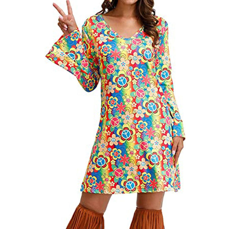 Women’s Hippie Print Dress – Boho Floral Vintage Style Summer Outfit