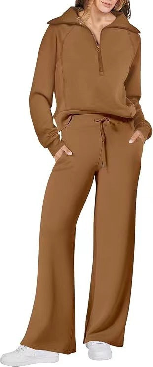 Women’s Two-Piece Sports Suit – Long Sleeve Zipper Sweatshirt & Wide Leg Pants Set