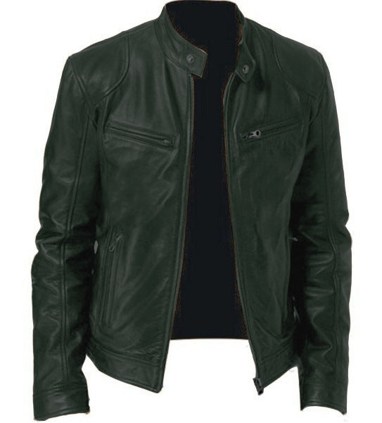Men’s PU Leather Jacket – Zip-Up Stand Collar Cardigan with Pockets, Short Fashion Top
