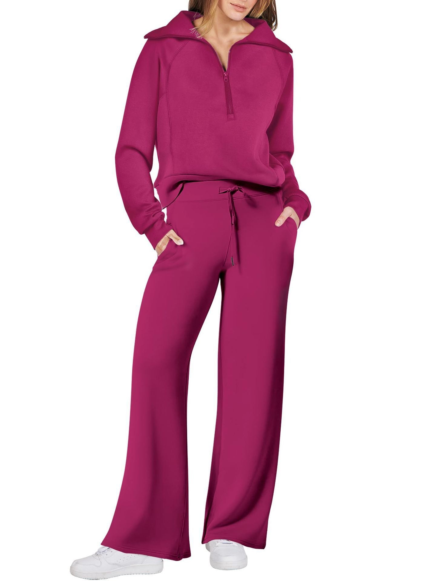 Women’s Two-Piece Sports Suit – Long Sleeve Zipper Sweatshirt & Wide Leg Pants Set