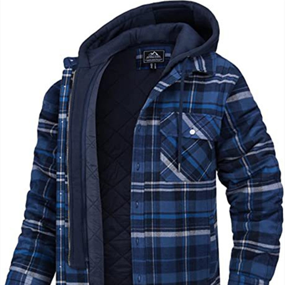 Men's Winter Plaid Hooded Coat – Warm Padded Zip-Up Jacket with Buttons