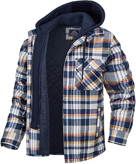 Men's Winter Plaid Hooded Coat – Warm Padded Zip-Up Jacket with Buttons