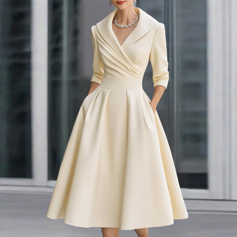 Women’s Elegant V-Neck Midi Dress – Solid Flared Skirt with Pockets