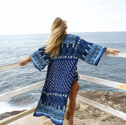 Women’s Vintage Floral Chiffon Kimono – Boho Loose Cardigan Beach Cover Up