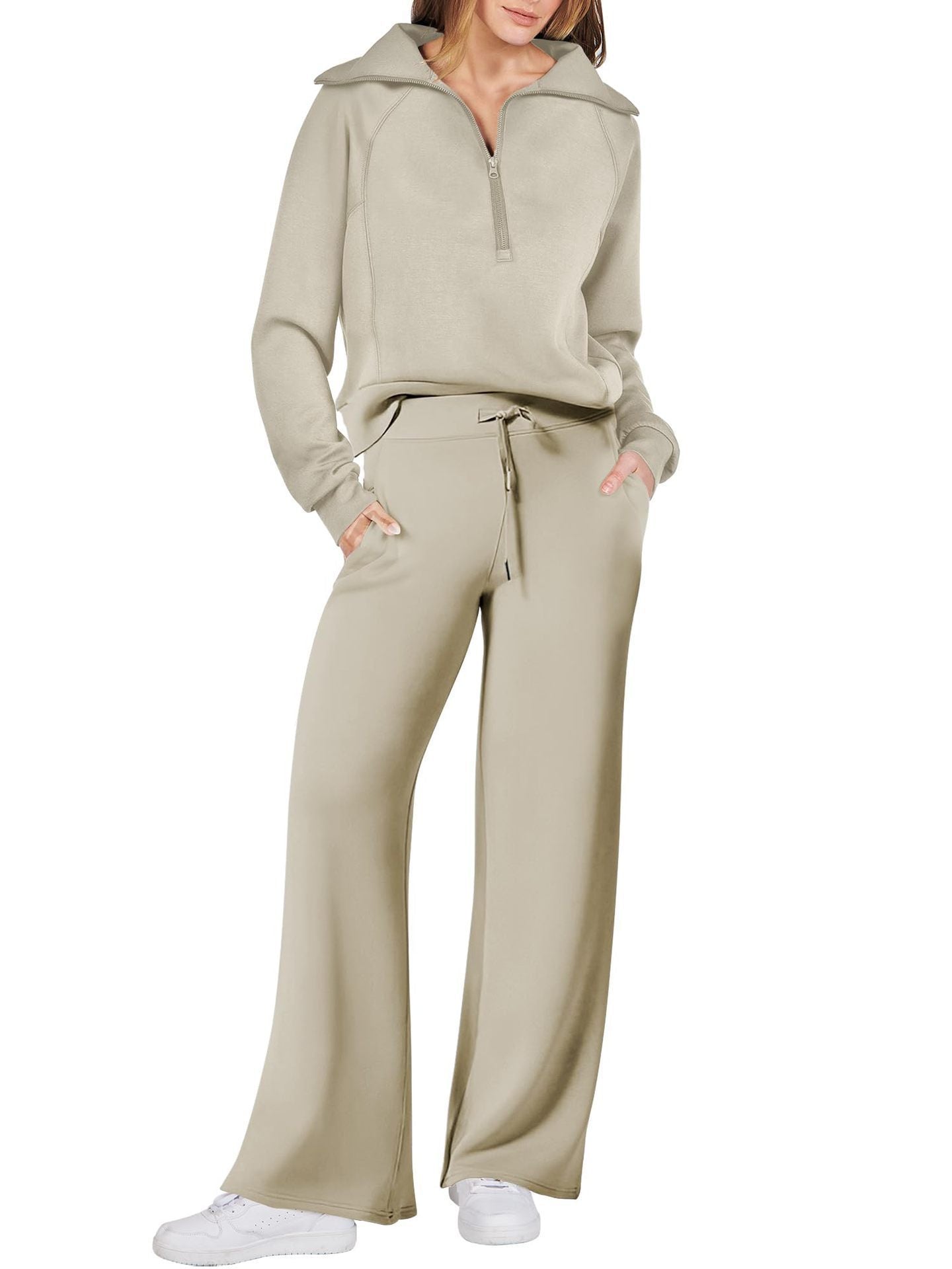 Women’s Two-Piece Sports Suit – Long Sleeve Zipper Sweatshirt & Wide Leg Pants Set