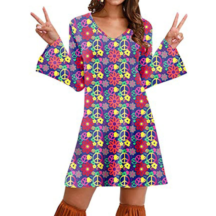 Women’s Hippie Print Dress – Boho Floral Vintage Style Summer Outfit