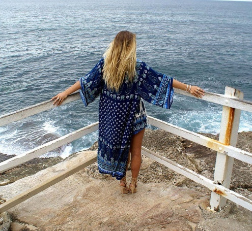 Women’s Vintage Floral Chiffon Kimono – Boho Loose Cardigan Beach Cover Up