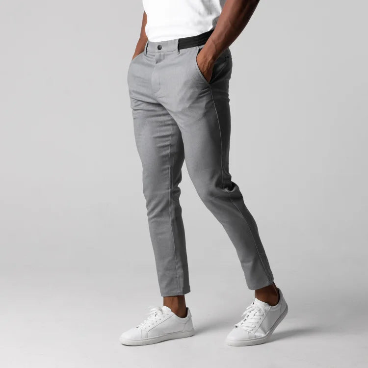 Men’s Elegant Slim Fit Business Pants – Solid Color Trousers with Elastic Waist & Pockets