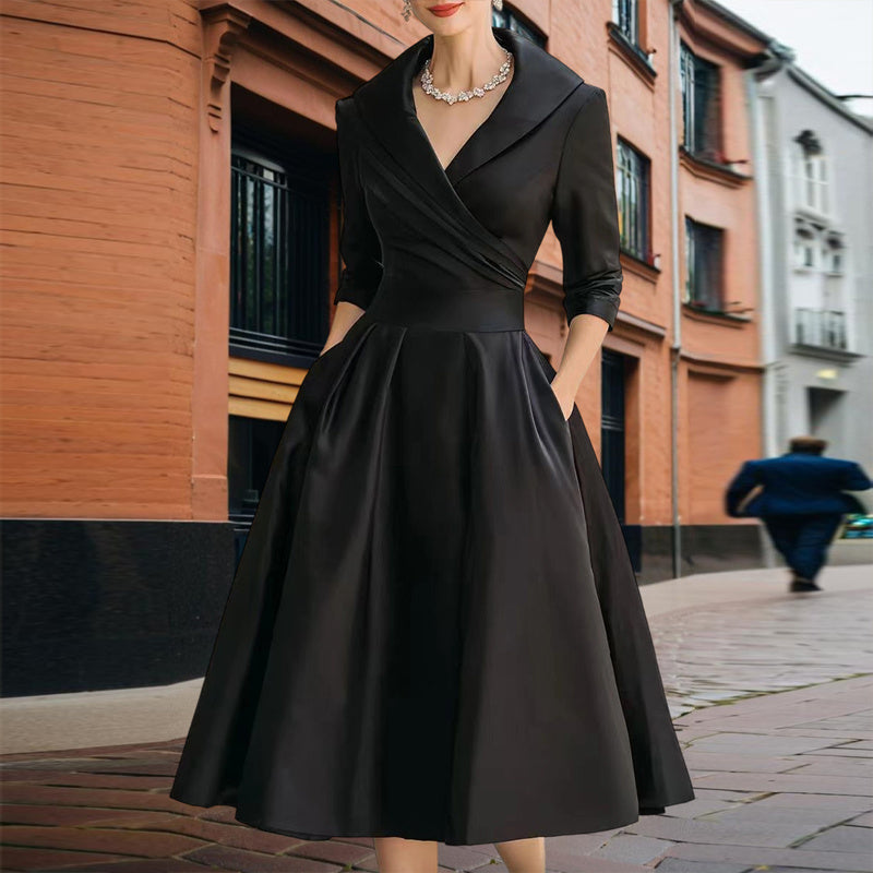 Women’s Elegant V-Neck Midi Dress – Solid Flared Skirt with Pockets