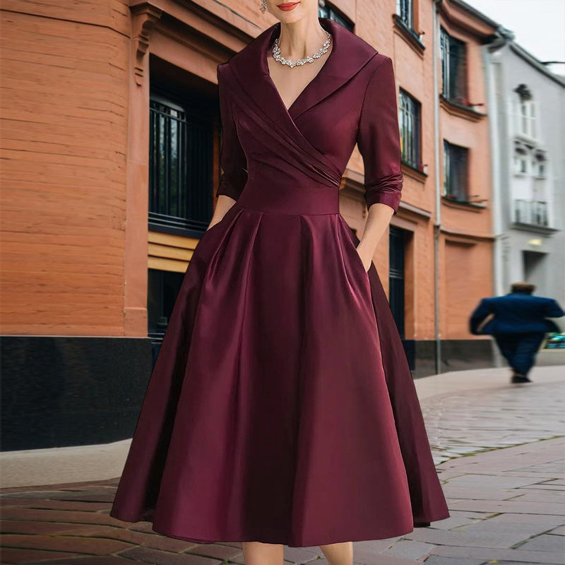 Women’s Elegant V-Neck Midi Dress – Solid Flared Skirt with Pockets