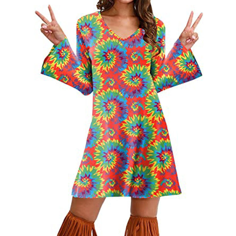 Women’s Hippie Print Dress – Boho Floral Vintage Style Summer Outfit