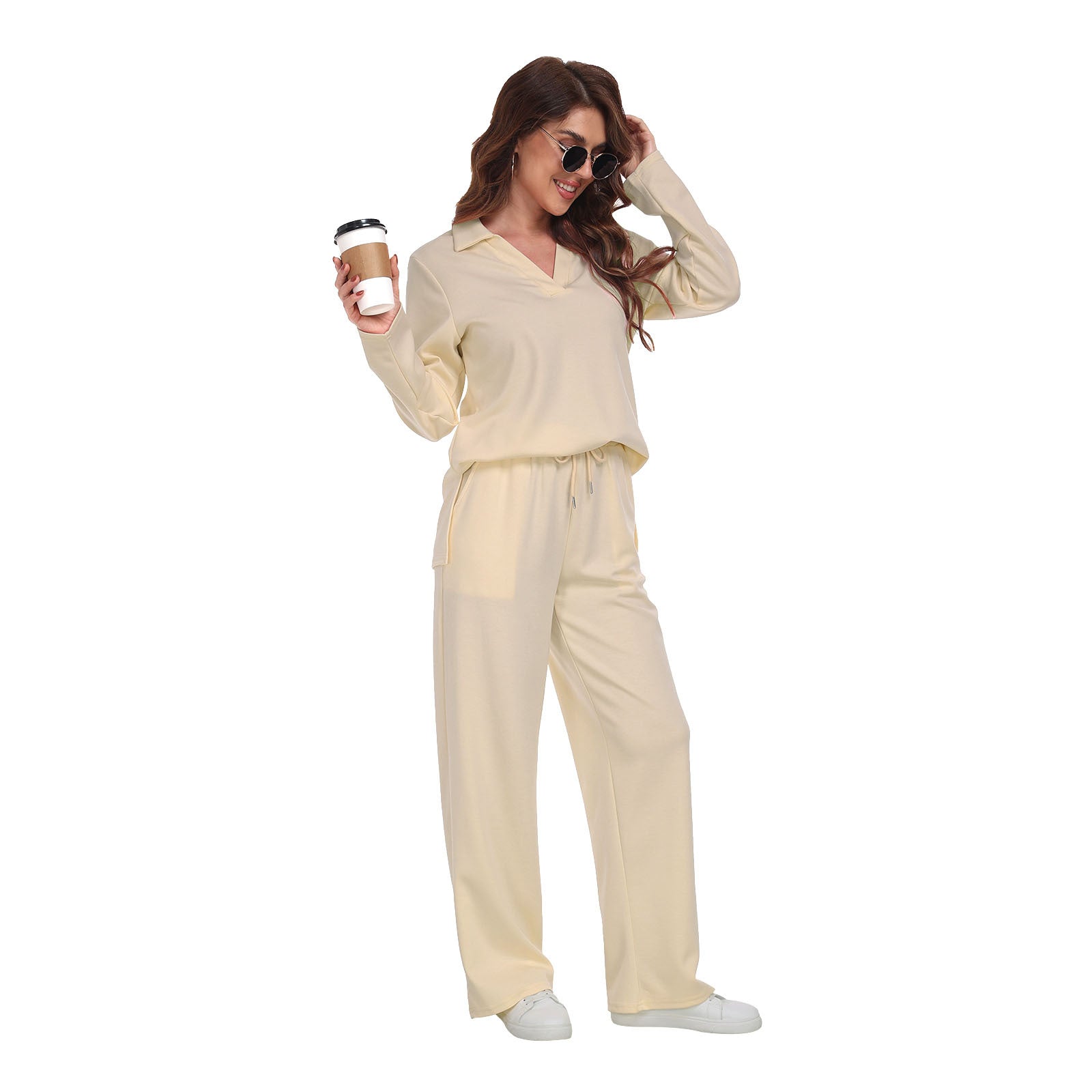 RONGTAI Women’s 2-Piece Tracksuit – Casual V-Neck Long Sleeve Sweatsuit Set