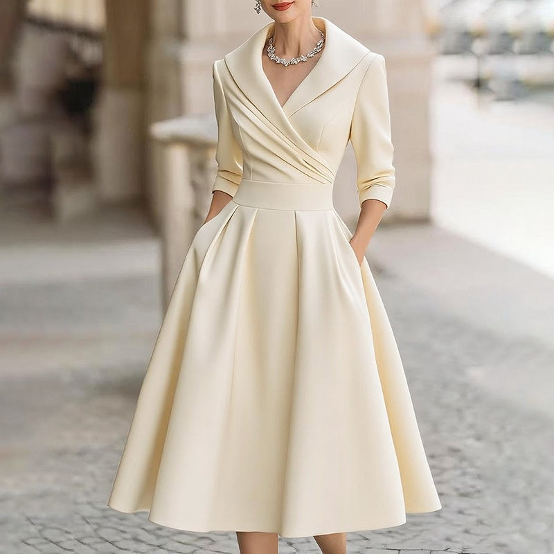 Women’s Elegant V-Neck Midi Dress – Solid Flared Skirt with Pockets