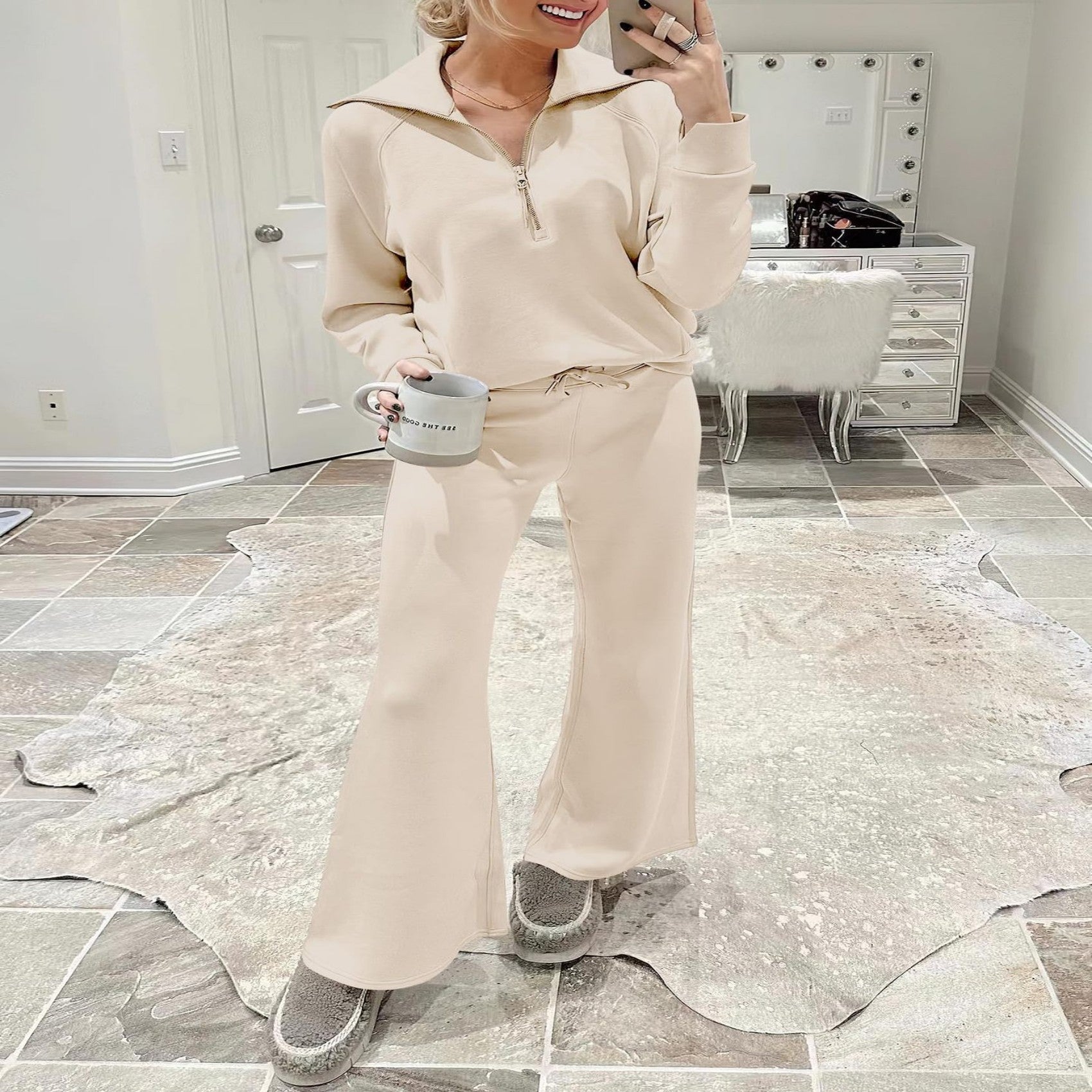 Women’s Two-Piece Sports Suit – Long Sleeve Zipper Sweatshirt & Wide Leg Pants Set