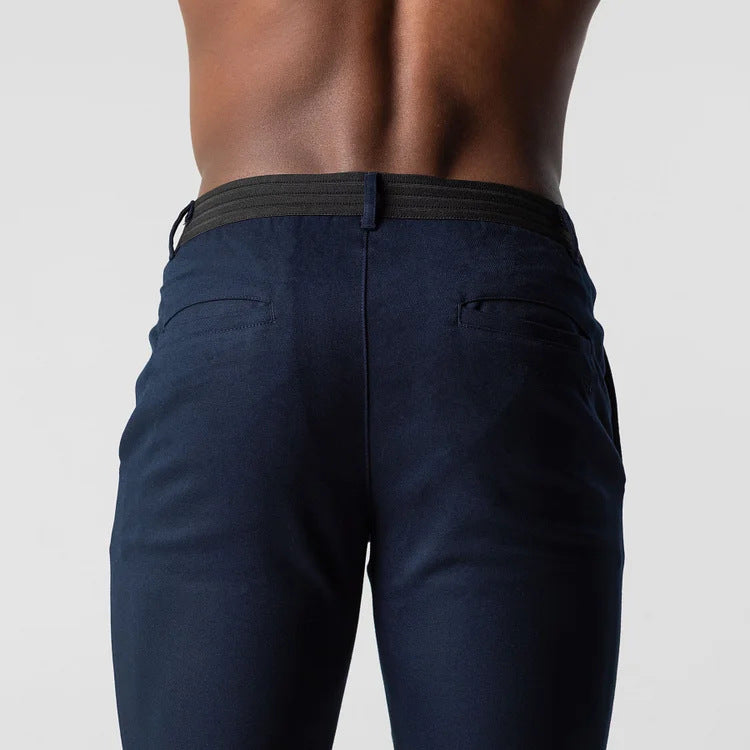 Men’s Elegant Slim Fit Business Pants – Solid Color Trousers with Elastic Waist & Pockets