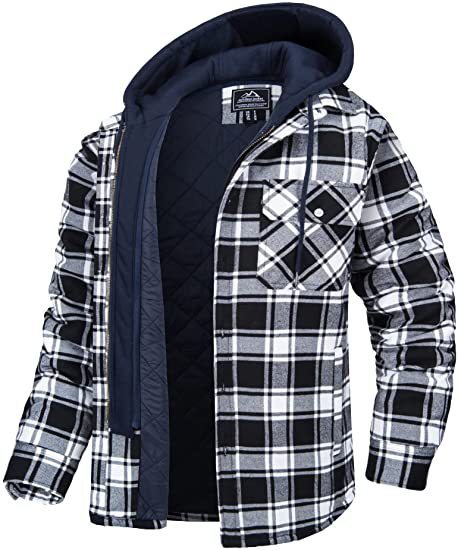 Men's Winter Plaid Hooded Coat – Warm Padded Zip-Up Jacket with Buttons