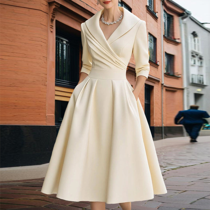Women’s Elegant V-Neck Midi Dress – Solid Flared Skirt with Pockets
