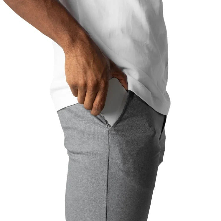 Men’s Elegant Slim Fit Business Pants – Solid Color Trousers with Elastic Waist & Pockets