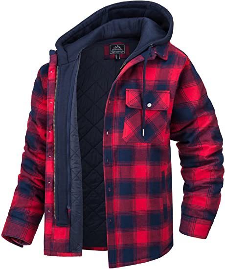 Men's Winter Plaid Hooded Coat – Warm Padded Zip-Up Jacket with Buttons