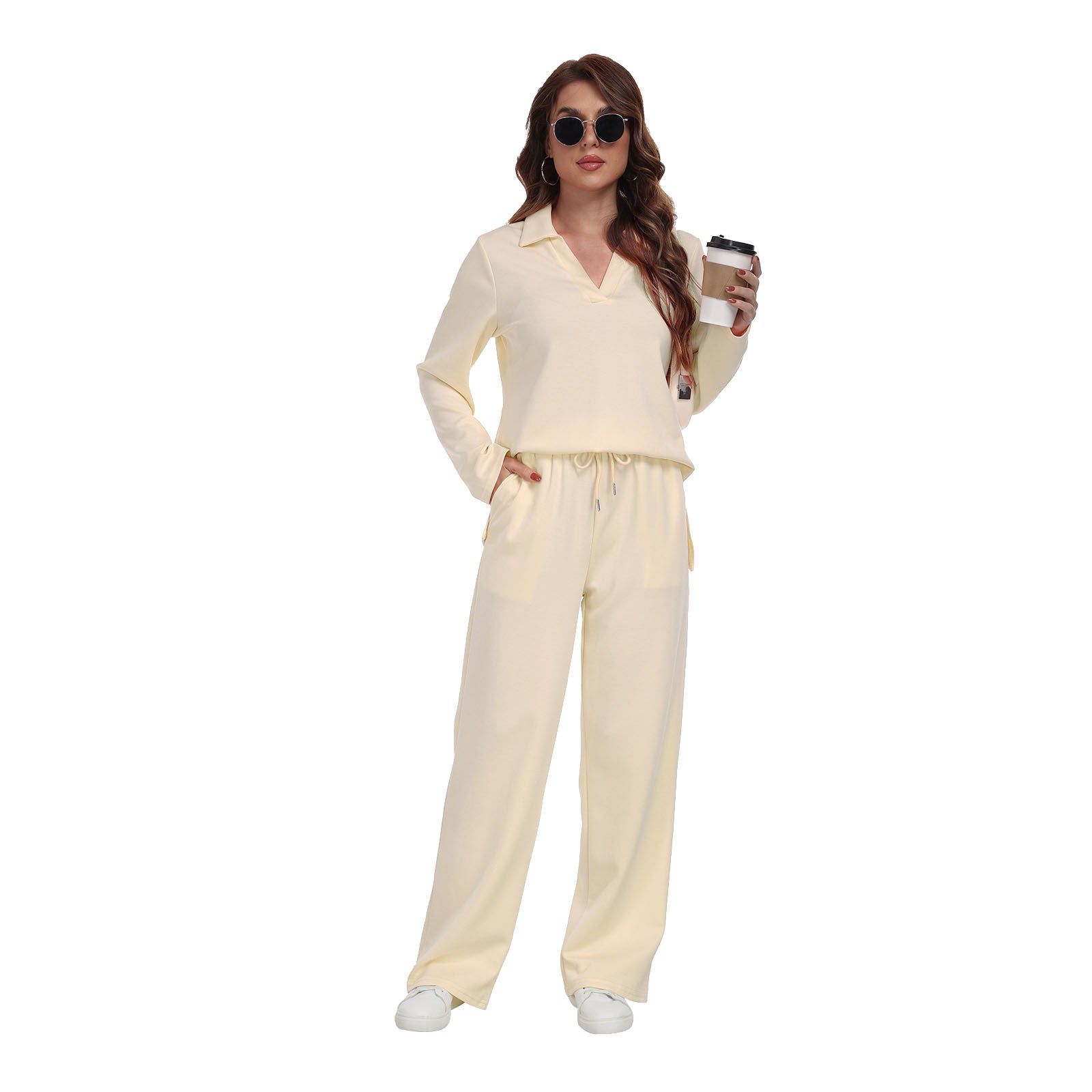 RONGTAI Women’s 2-Piece Tracksuit – Casual V-Neck Long Sleeve Sweatsuit Set