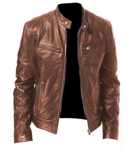 Men’s PU Leather Jacket – Zip-Up Stand Collar Cardigan with Pockets, Short Fashion Top