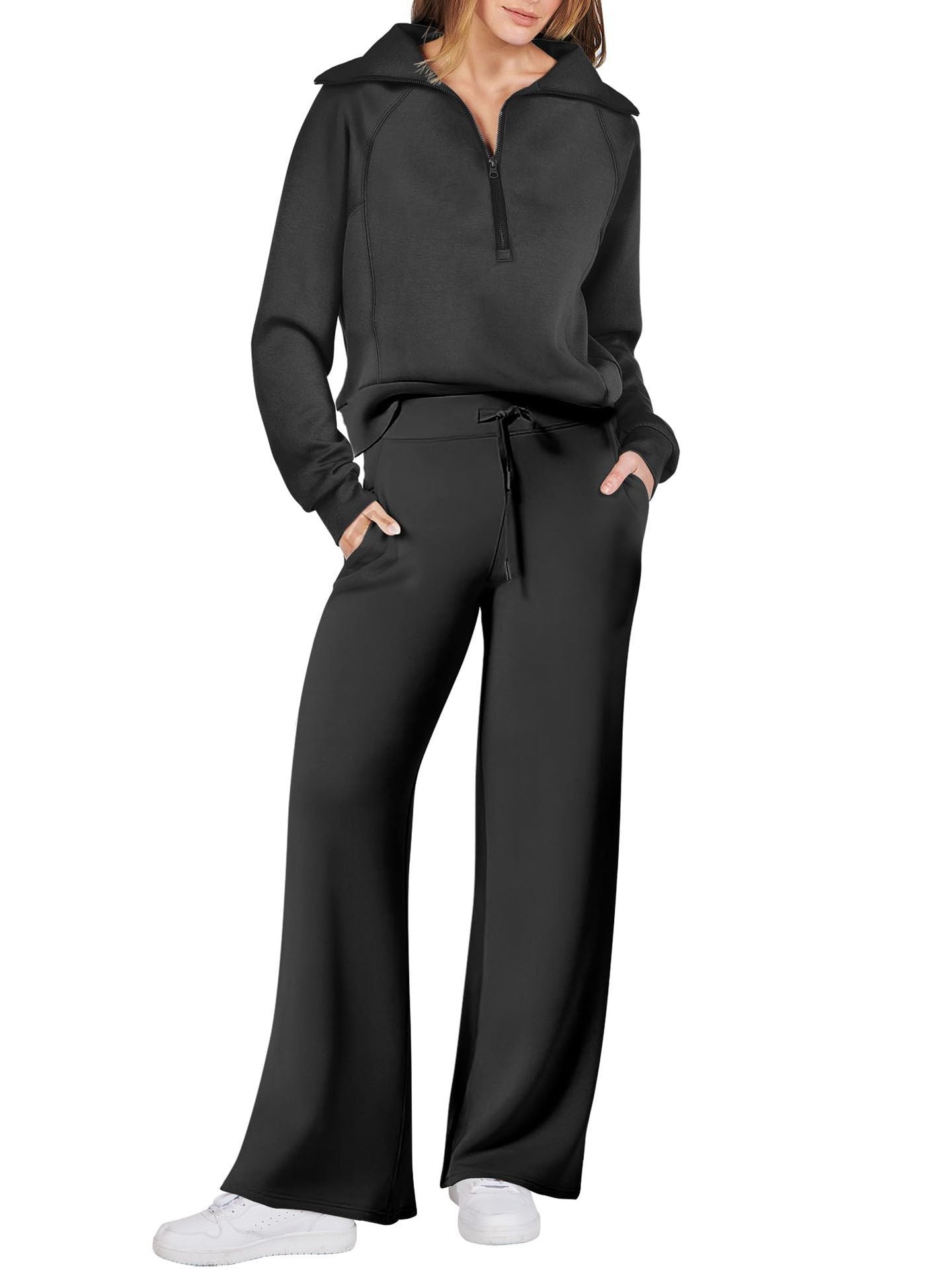 Women’s Two-Piece Sports Suit – Long Sleeve Zipper Sweatshirt & Wide Leg Pants Set