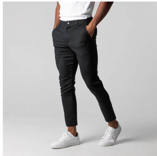 Men’s Elegant Slim Fit Business Pants – Solid Color Trousers with Elastic Waist & Pockets