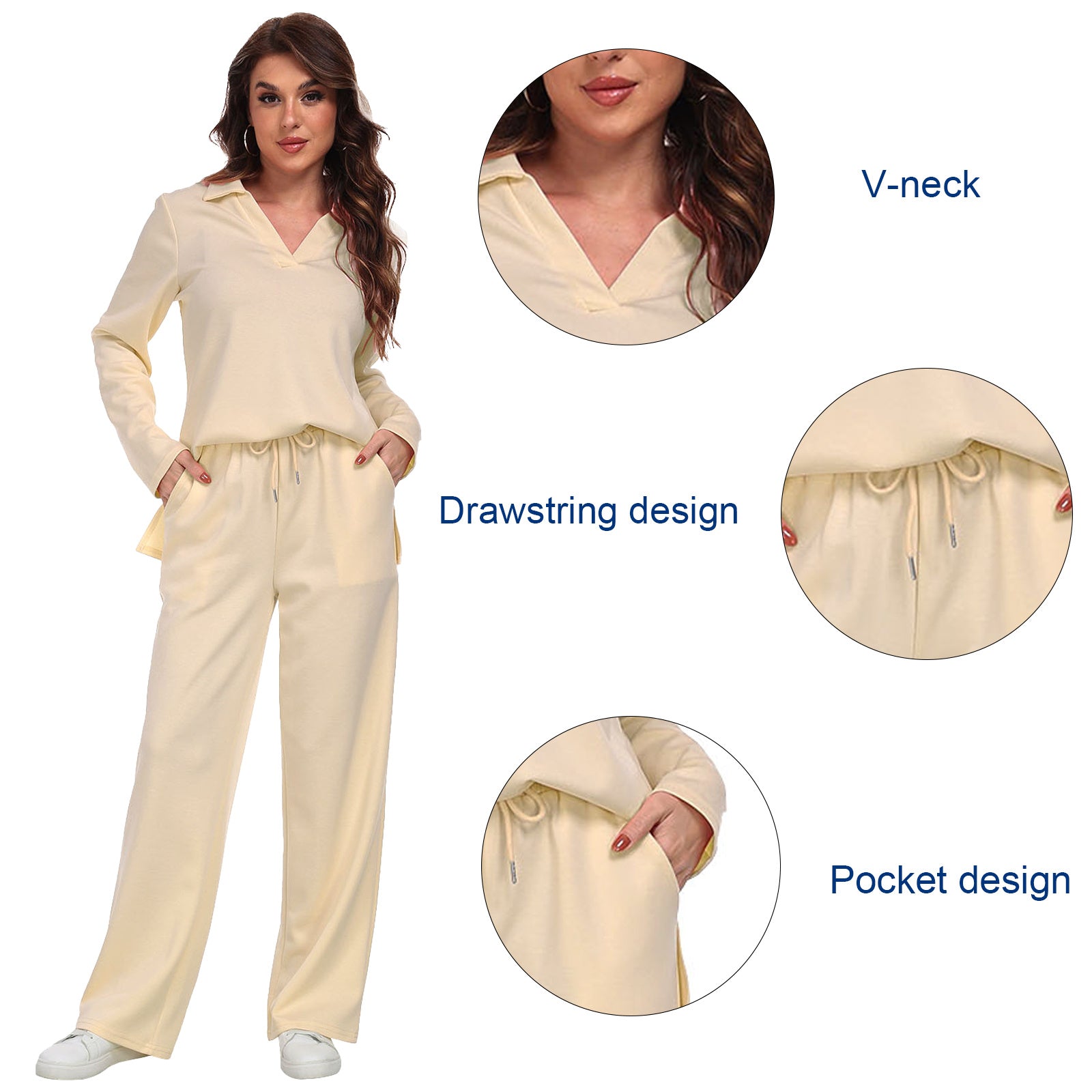 RONGTAI Women’s 2-Piece Tracksuit – Casual V-Neck Long Sleeve Sweatsuit Set
