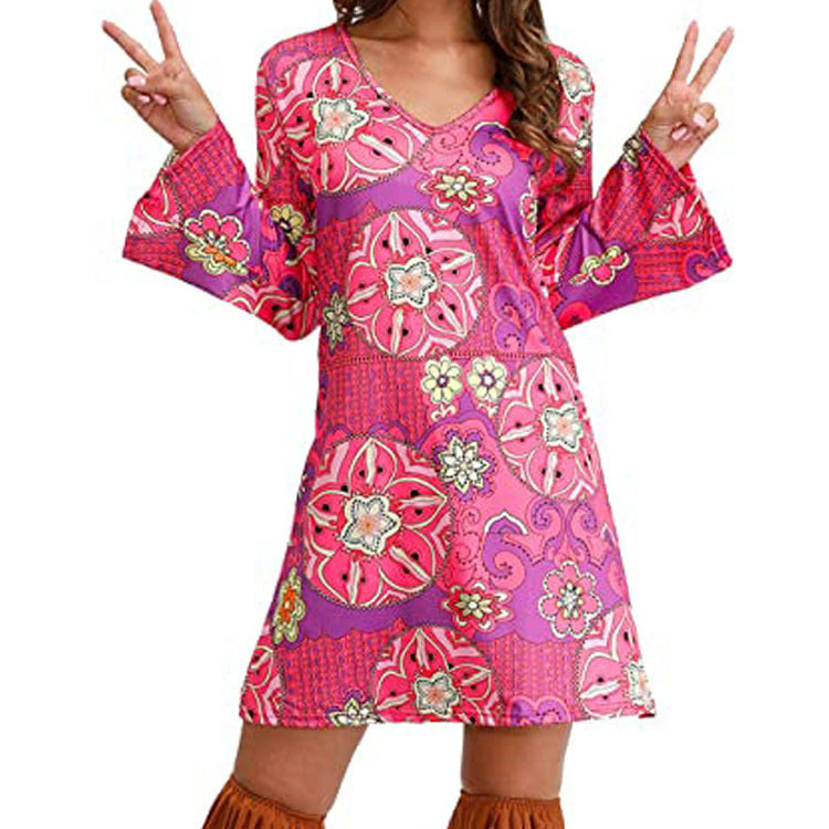 Women’s Hippie Print Dress – Boho Floral Vintage Style Summer Outfit