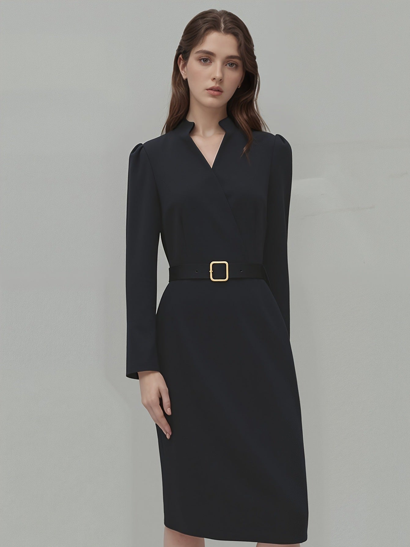 Women's Slim Fit V-Neck Office Dress – Long Sleeve Business Casual Outfit