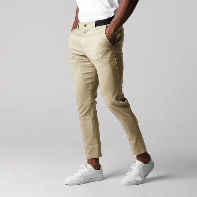 Men’s Elegant Slim Fit Business Pants – Solid Color Trousers with Elastic Waist & Pockets